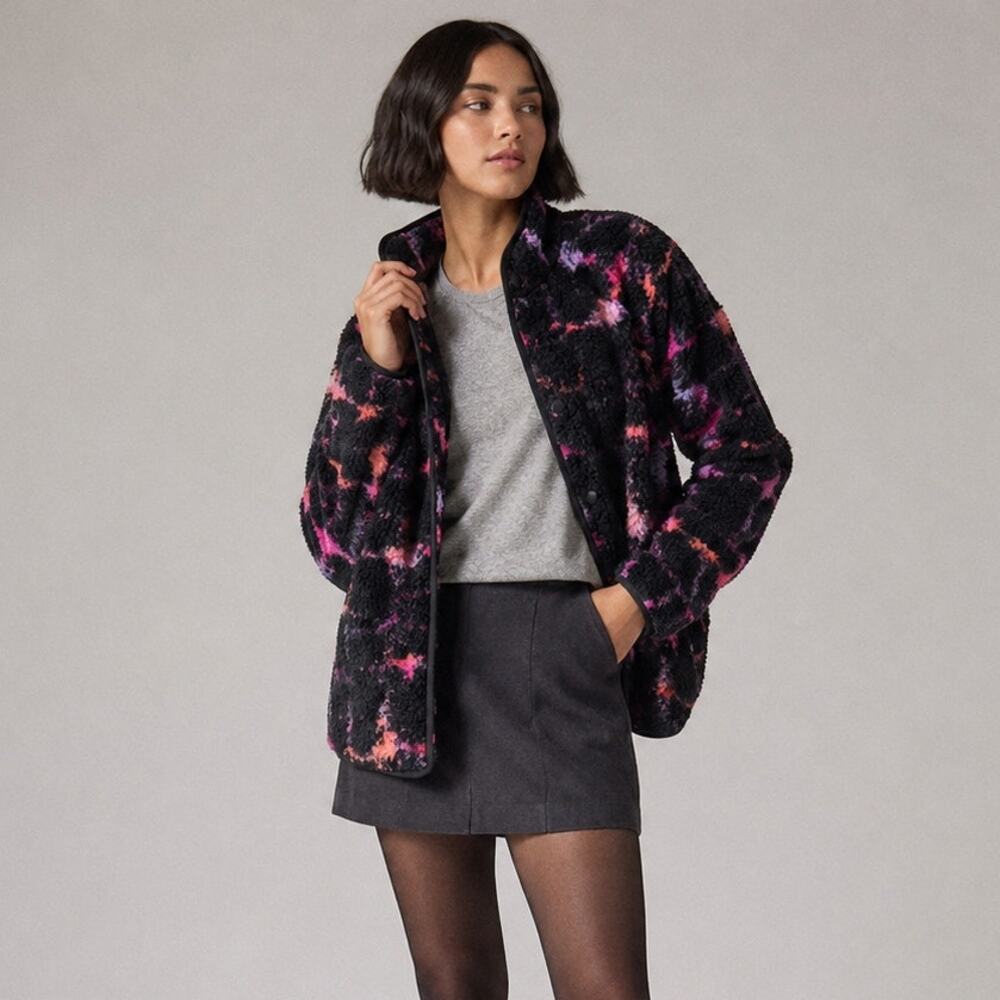 YMC Beach Graffiti Jacquard Fleece Wool Blend Jacket in Black Multi, size S
